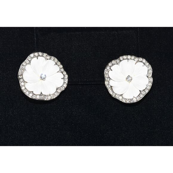 KENNETH JAY LANE Vintage Flower and Rhinestones Crystal Clip Earrings - Picture 2 of 8